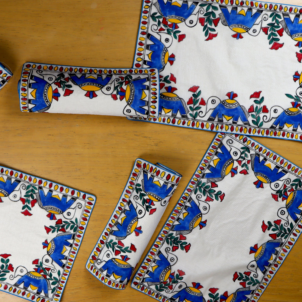 Madhubani Handpainted Chanderi Table Runner & Table Mats Set