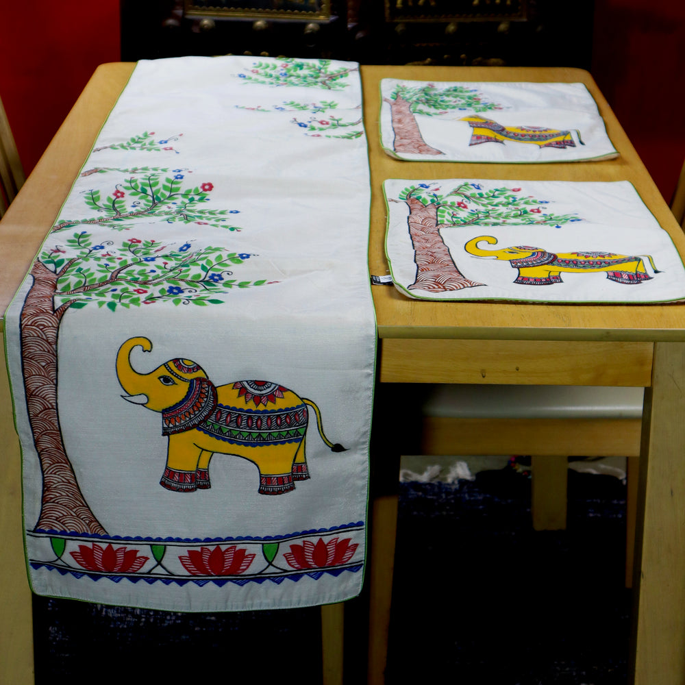 Madhubani Handpainted Chanderi Table Runner & Table Mats Set