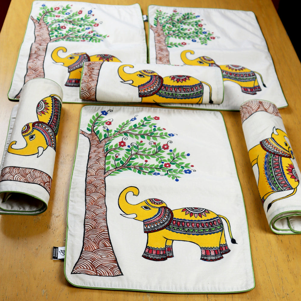 Madhubani Handpainted Chanderi Table Runner & Table Mats Set