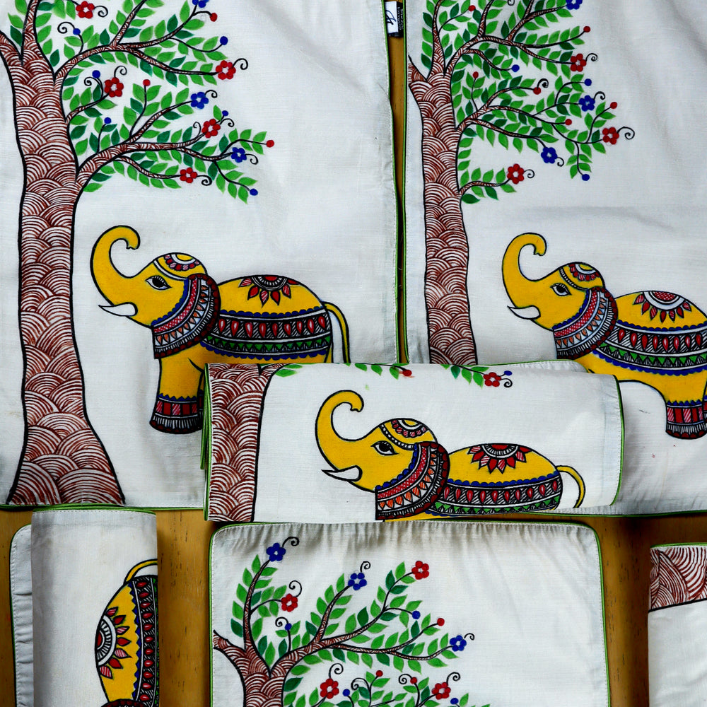 Madhubani Handpainted Chanderi Table Runner & Table Mats Set