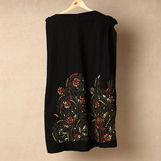 Black - Bengal Kantha Embroidery Cotton Wrap Around Skirt