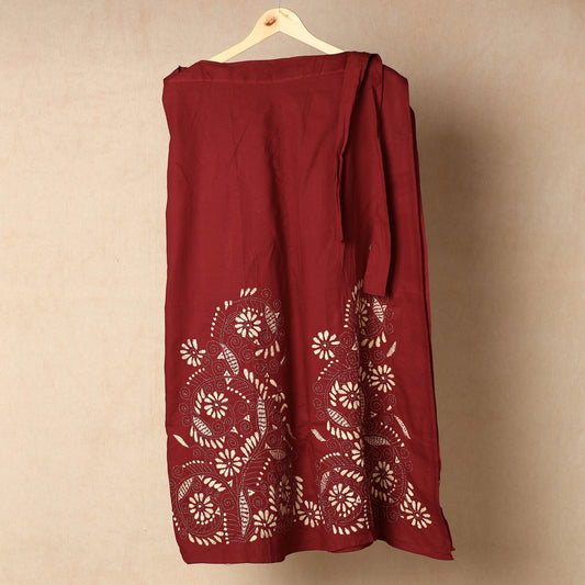 Maroon - Bengal Kantha Embroidery Cotton Wrap Around Skirt
