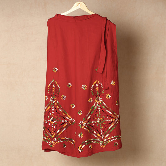 Red - Bengal Kantha Embroidery Cotton Wrap Around Skirt