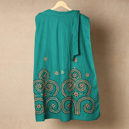 Green - Bengal Kantha Embroidery Cotton Wrap Around Skirt