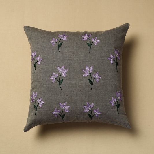 Grey - Hand Embroidery Plain Cotton Cushion Cover (16 x 16 in)