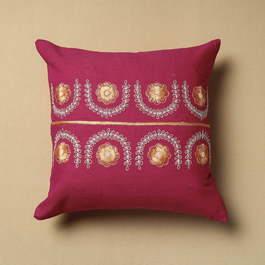 Pink - Hand Embroidery Plain Cotton Cushion Cover (16 x 16 in)