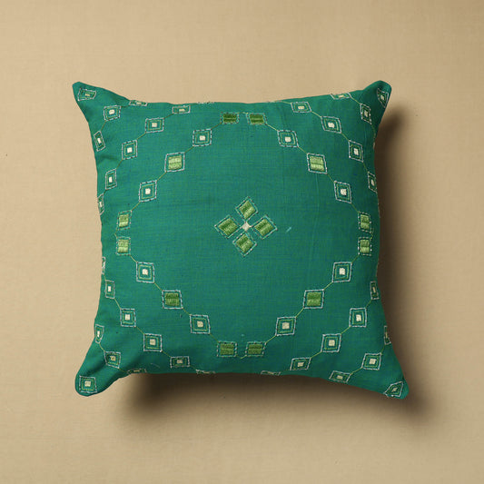 Green - Hand Embroidery Plain Cotton Cushion Cover (16 x 16 in)