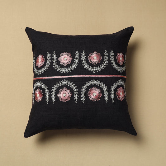 Black - Hand Embroidery Plain Cotton Cushion Cover (16 x 16 in)
