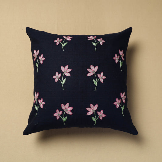 Black - Hand Embroidery Plain Cotton Cushion Cover (16 x 16 in)