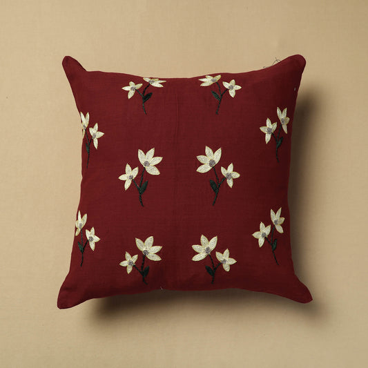 Red - Hand Embroidery Plain Cotton Cushion Cover (16 x 16 in)