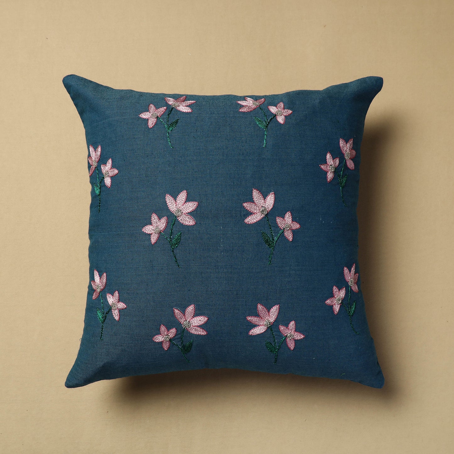 Blue - Hand Embroidery Plain Cotton Cushion Cover (16 x 16 in)