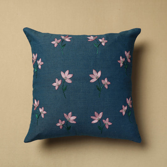 Blue - Hand Embroidery Plain Cotton Cushion Cover (16 x 16 in)