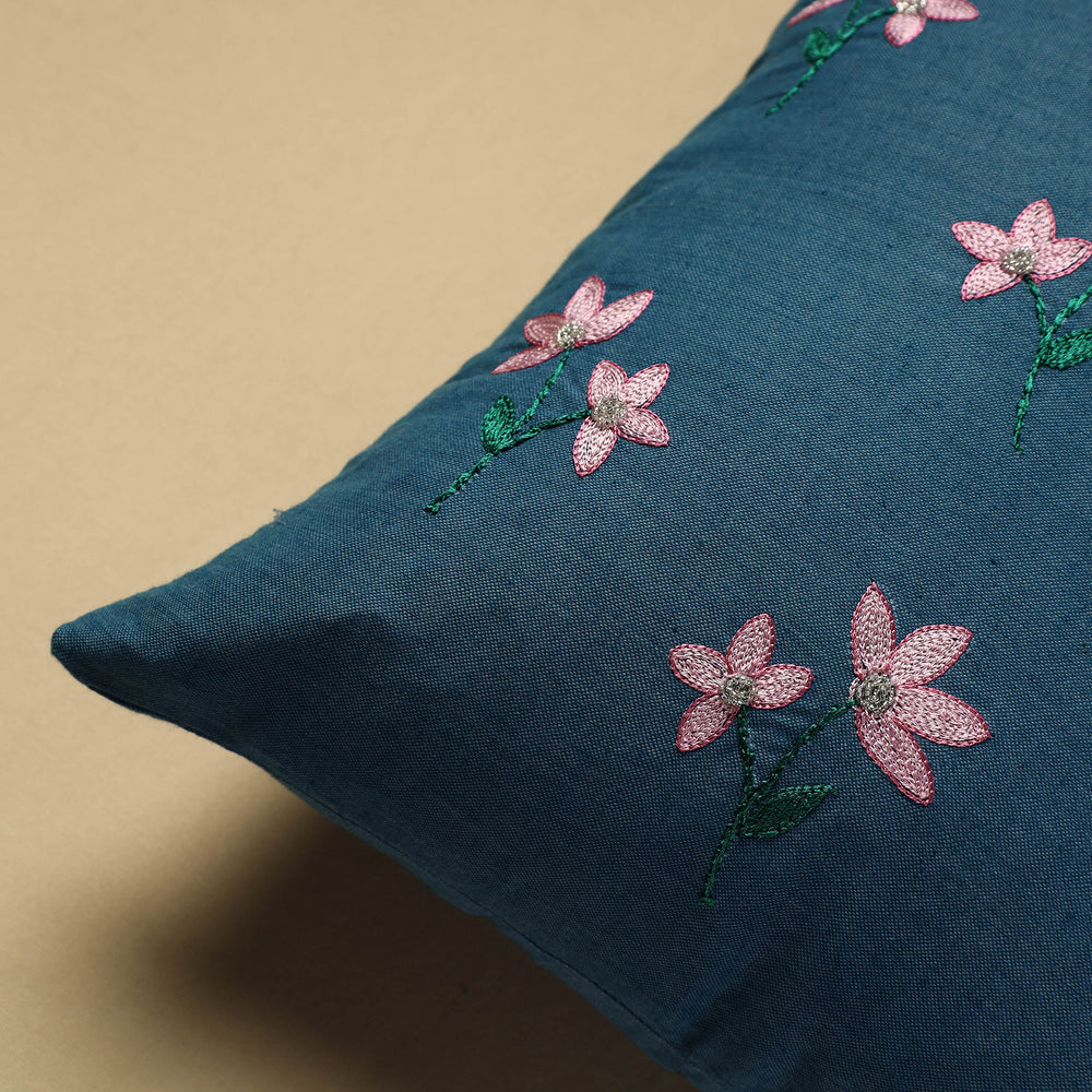 Blue - Hand Embroidery Plain Cotton Cushion Cover (16 x 16 in)