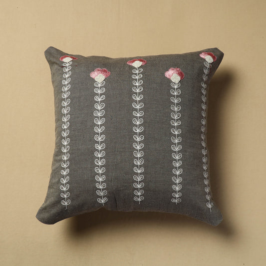 Grey - Hand Embroidery Plain Cotton Cushion Cover (16 x 16 in)