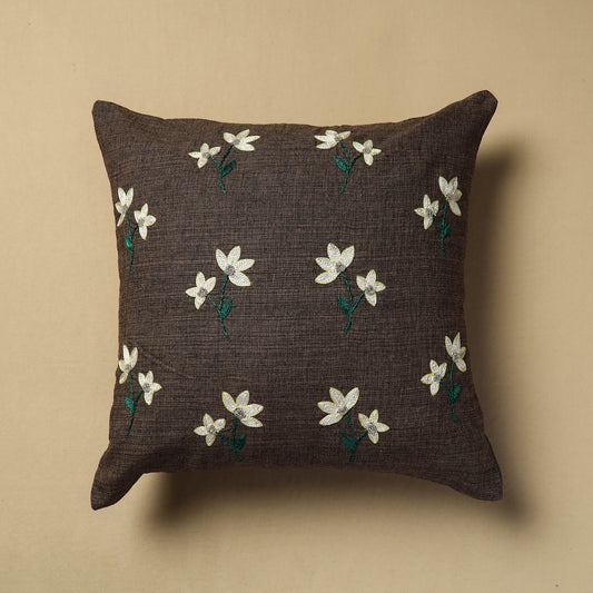 Brown - Hand Embroidery Plain Cotton Cushion Cover (16 x 16 in)