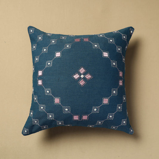 Blue - Hand Embroidery Plain Cotton Cushion Cover (16 x 16 in)
