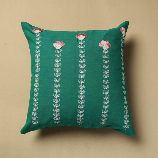 Green - Hand Embroidery Plain Cotton Cushion Cover (16 x 16 in)