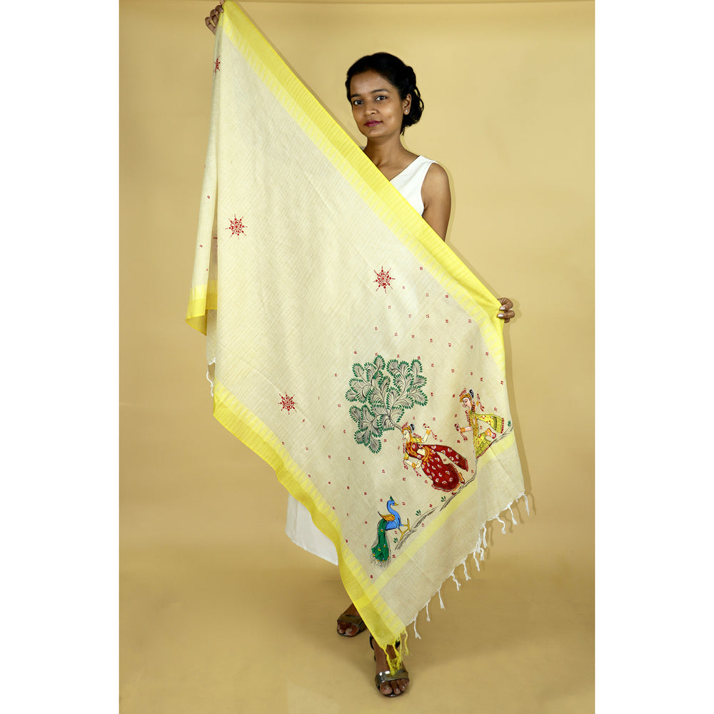 Pattachitra Handpainted Yellow Cotton Dupatta