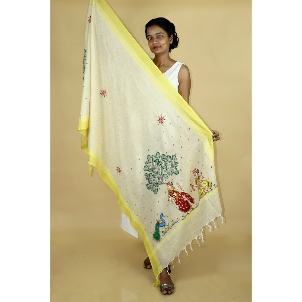 Pattachitra Handpainted Yellow Cotton Dupatta