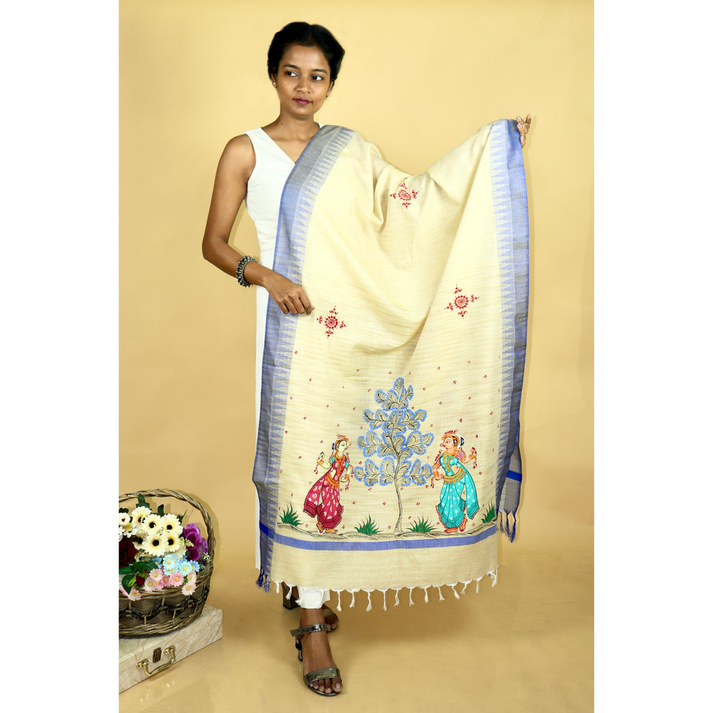 Pattachitra Handpainted Indigo Cotton Silk Dupatta