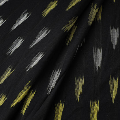 Black - Grey & Green Feather Motifs Pochampally Ikat Weave Cotton Fabric