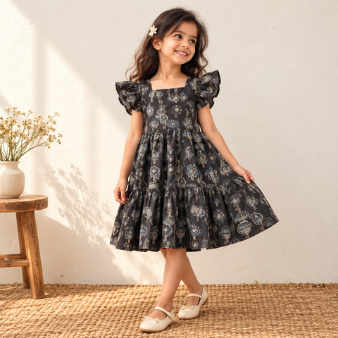 Pure Cotton Girls Tiered Frock Dress in Ajrakh Block Print (3-4 Years) 35