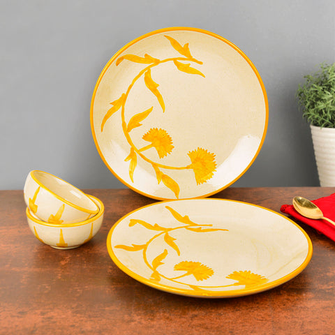 “The Lucid Yellow Collection” Handpainted Ceramic Floral 2 Dinner Serving Plates with 2 Dinner Bowls (Set of 4, Yellow & Off White, Plate Diameter – 10 inches)