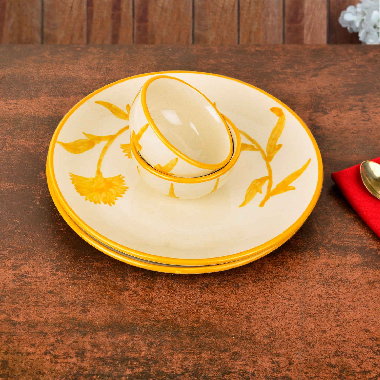 “The Lucid Yellow Collection” Handpainted Ceramic Floral 2 Dinner Serving Plates with 2 Dinner Bowls (Set of 4, Yellow & Off White, Plate Diameter – 10 inches)