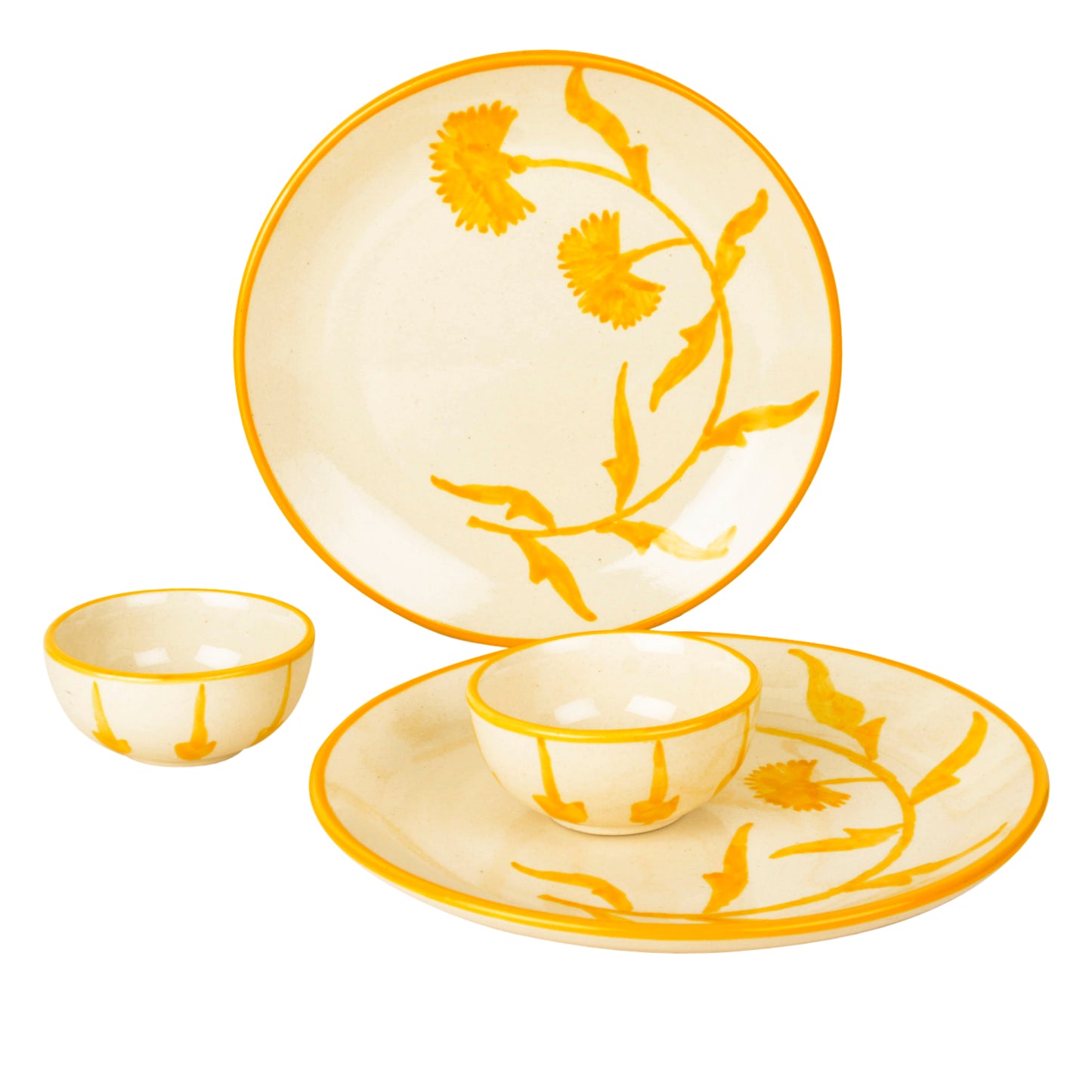 “The Lucid Yellow Collection” Handpainted Ceramic Floral 2 Dinner Serving Plates with 2 Dinner Bowls (Set of 4, Yellow & Off White, Plate Diameter – 10 inches)