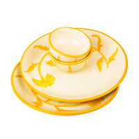 “The Lucid Yellow Collection” Handpainted Ceramic Floral 2 Dinner Serving Plates with 2 Dinner Bowls (Set of 4, Yellow & Off White, Plate Diameter – 10 inches)