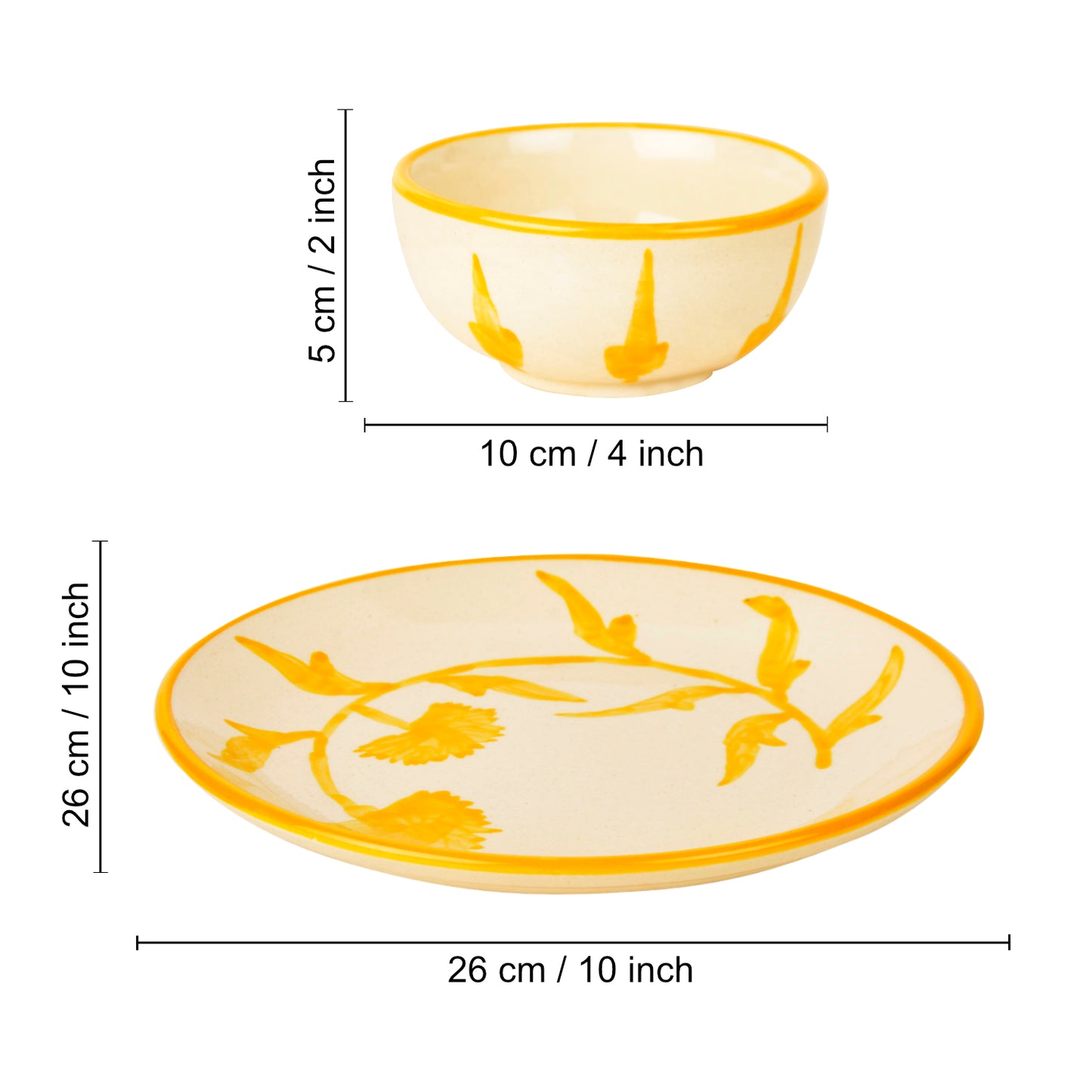 “The Lucid Yellow Collection” Handpainted Ceramic Floral 2 Dinner Serving Plates with 2 Dinner Bowls (Set of 4, Yellow & Off White, Plate Diameter – 10 inches)