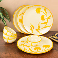 “The Lucid Yellow Collection” Handpainted Ceramic Floral 4 Dinner Serving Plates with 4 Dinner Bowls (Set of 8, Yellow & Off White, Plate Diameter – 10 inches)