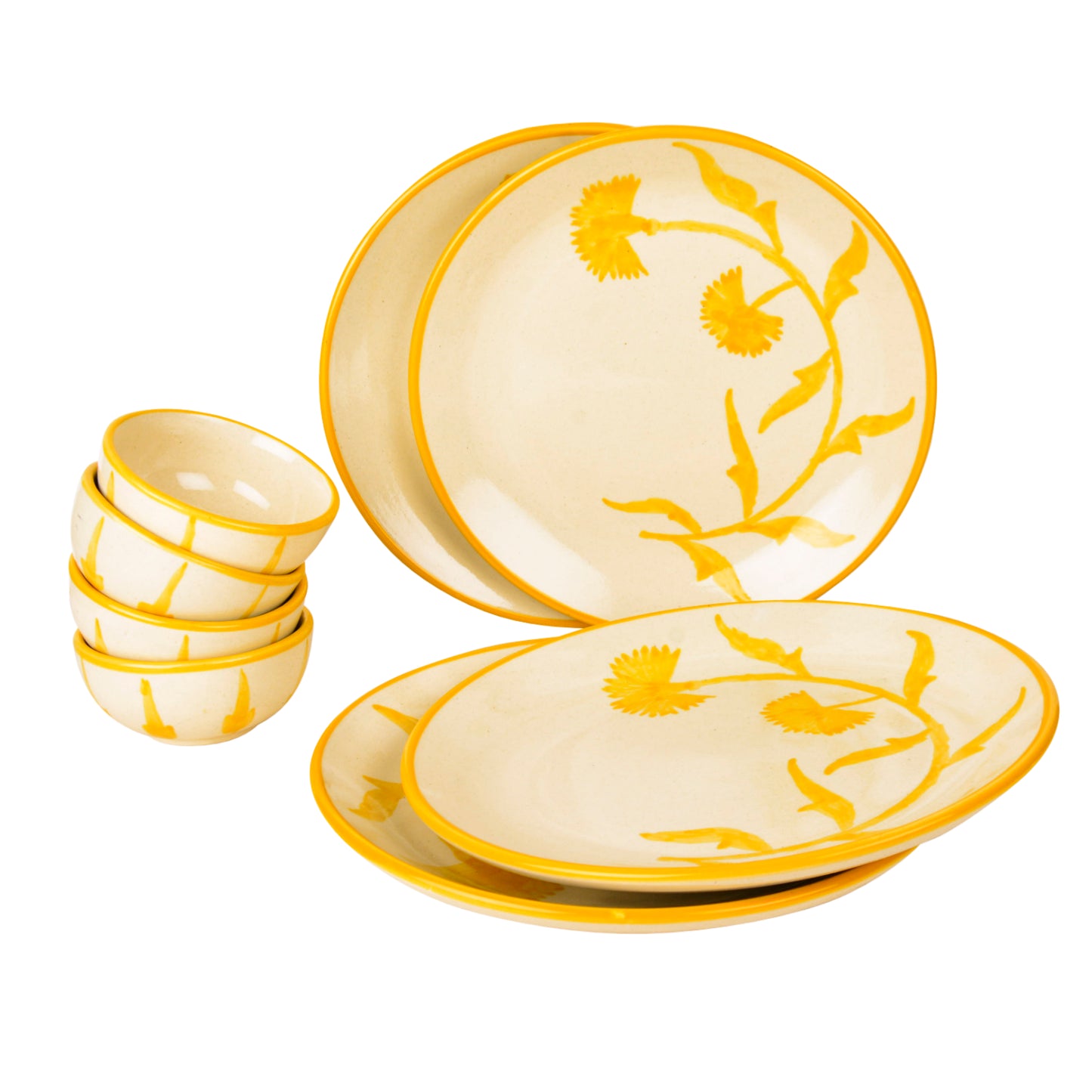 “The Lucid Yellow Collection” Handpainted Ceramic Floral 4 Dinner Serving Plates with 4 Dinner Bowls (Set of 8, Yellow & Off White, Plate Diameter – 10 inches)