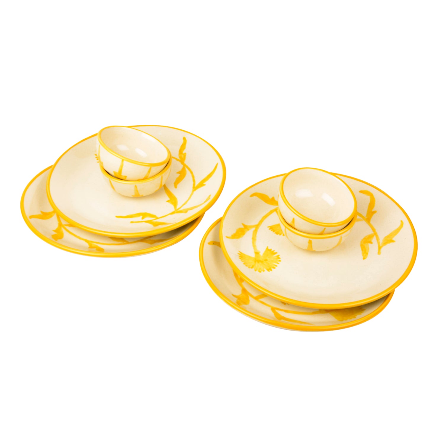 “The Lucid Yellow Collection” Handpainted Ceramic Floral 4 Dinner Serving Plates with 4 Dinner Bowls (Set of 8, Yellow & Off White, Plate Diameter – 10 inches)