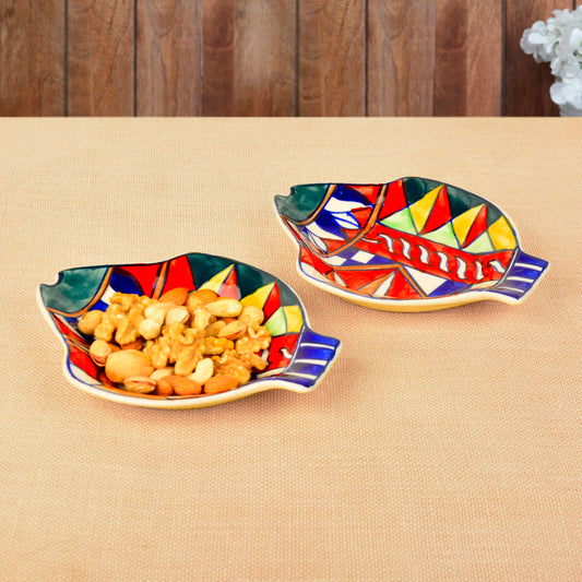 Premium Handpainted Ceramic Fish Cut Snacks Serving Plates (Set of 2, Multicolor, L x B – 18 cm x 15 cm)