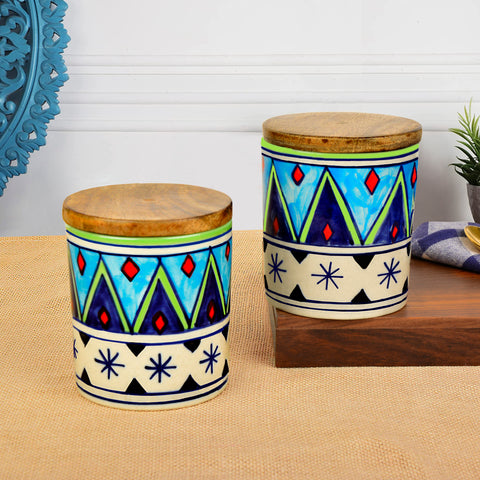 Handpainted Multi Utility Storage Ceramic Airtight Jar with Sheesham Wooden Lid