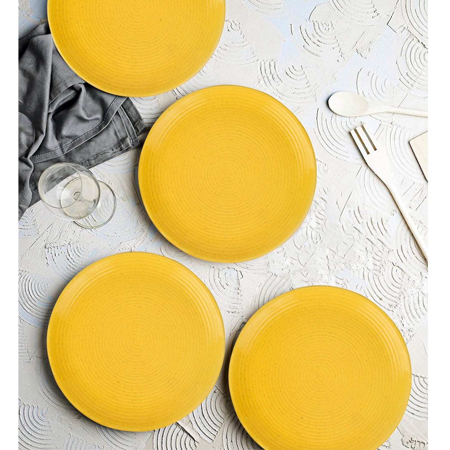 “Golden Glow Collection” Premium Ribbed Ceramic Dinner Serving Plates (Set of 4, Yellow, Diameter – 10 inches)