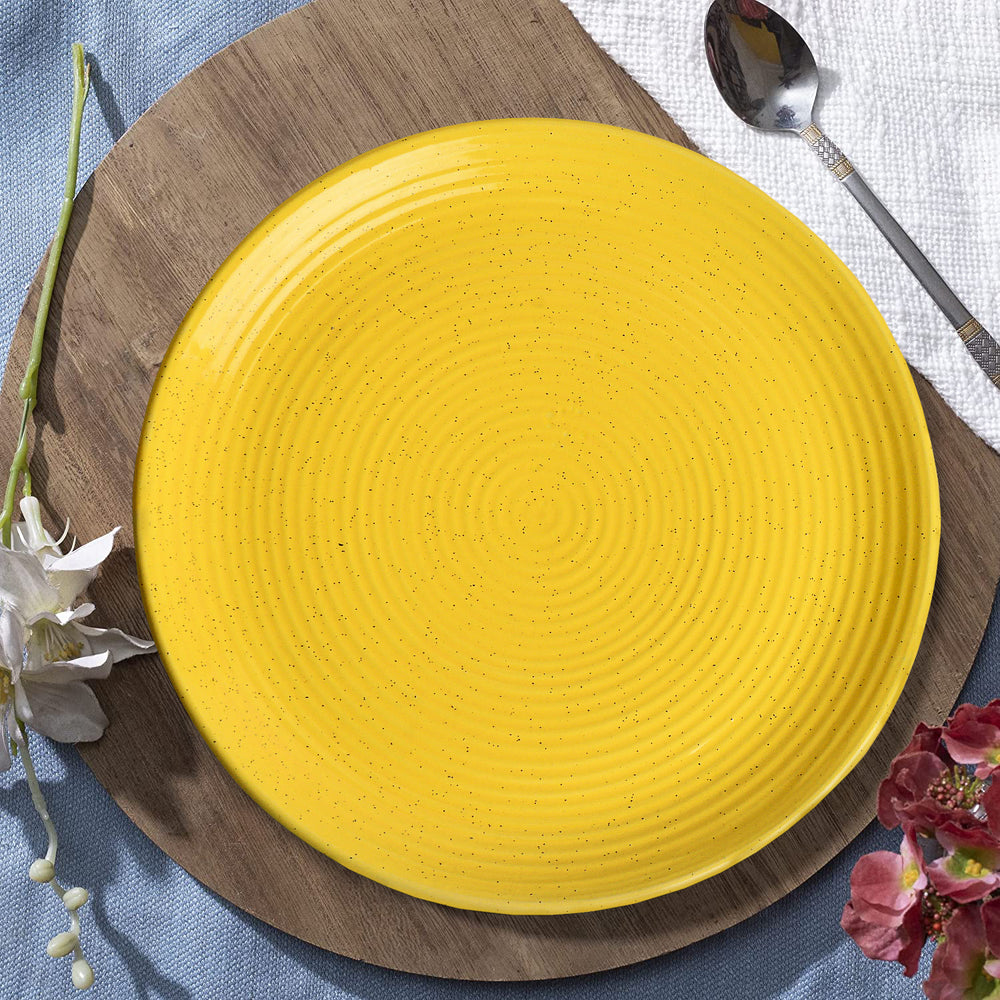 “Golden Glow Collection” Premium Ribbed Ceramic Dinner Serving Plates (Set of 4, Yellow, Diameter – 10 inches)