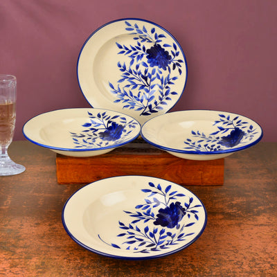 Handpainted Premium Ceramic Floral Deep Pasta Plates (Set of 4, Diameter – 9.5 inches, Blue & Off White)