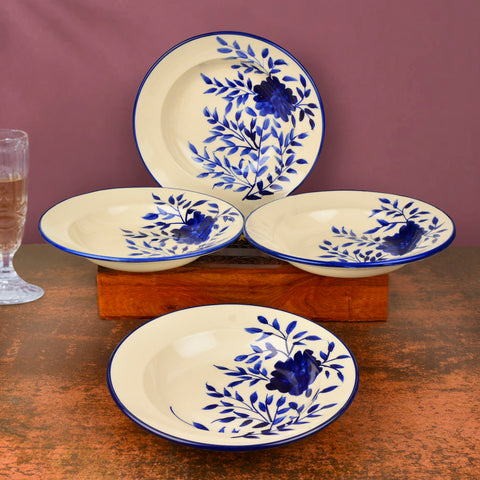 Handpainted Premium Ceramic Floral Deep Pasta Plates (Set of 4, Diameter – 9.5 inches, Blue & Off White)