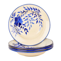 Handpainted Premium Ceramic Floral Deep Pasta Plates (Set of 4, Diameter – 9.5 inches, Blue & Off White)