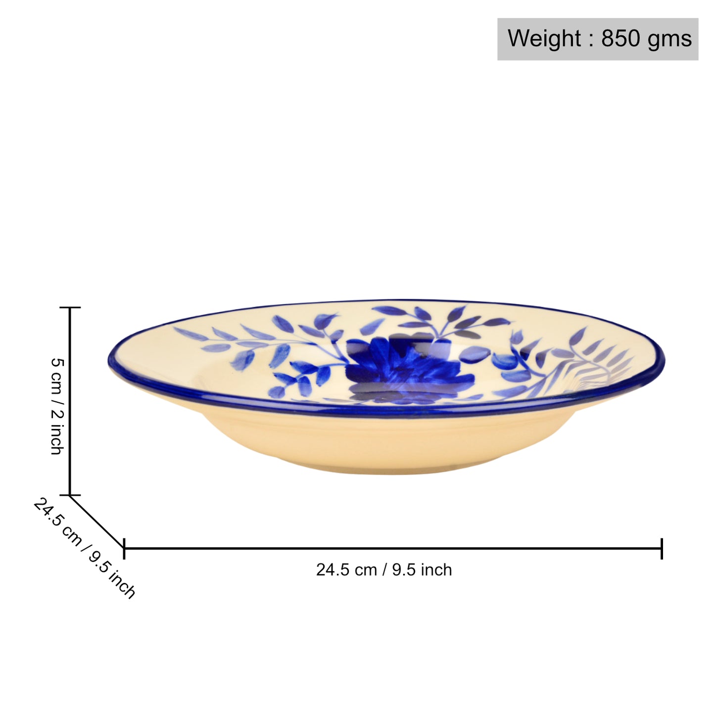 Handpainted Premium Ceramic Floral Deep Pasta Plates (Set of 4, Diameter – 9.5 inches, Blue & Off White)