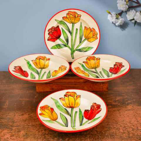 Handpainted Premium Ceramic Floral Deep Pasta Plates  (Set of 4, Diameter – 9.5 icnhes , Multicolor & Off White)