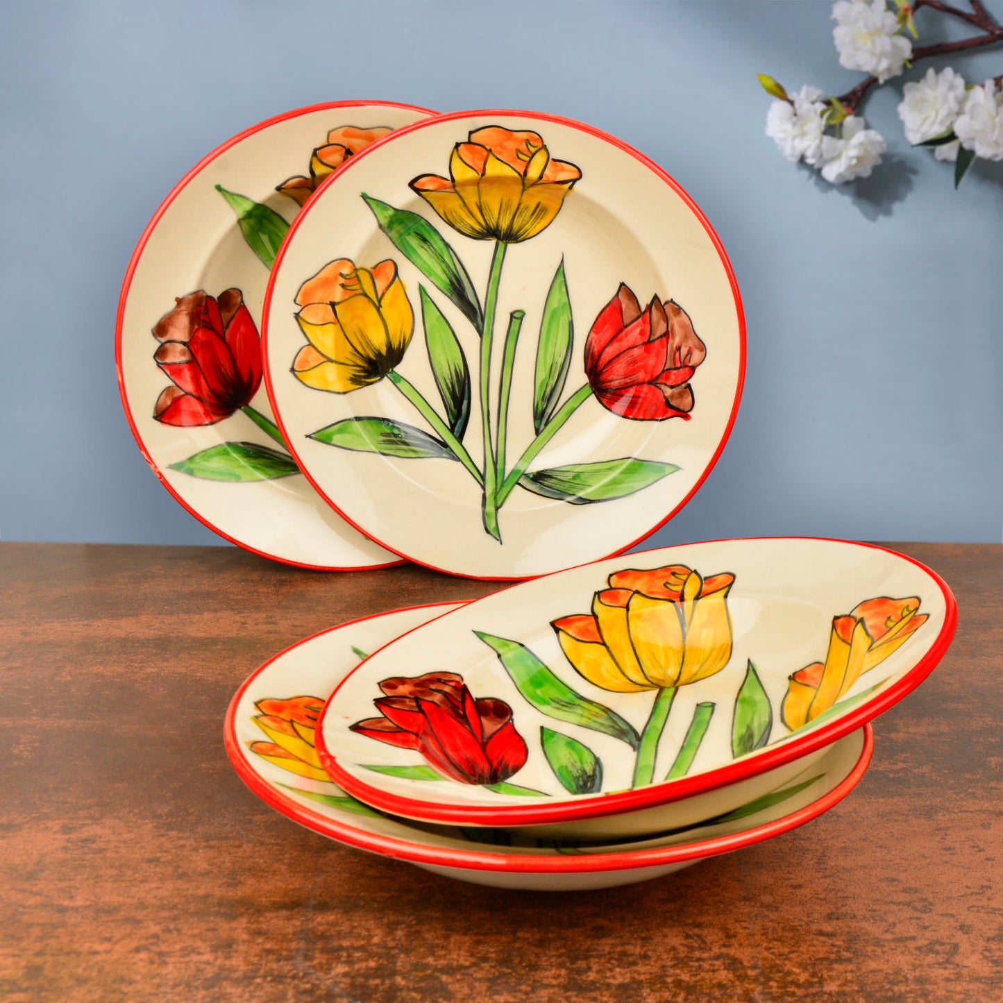 Handpainted Premium Ceramic Floral Deep Pasta Plates  (Set of 4, Diameter – 9.5 icnhes , Multicolor & Off White)