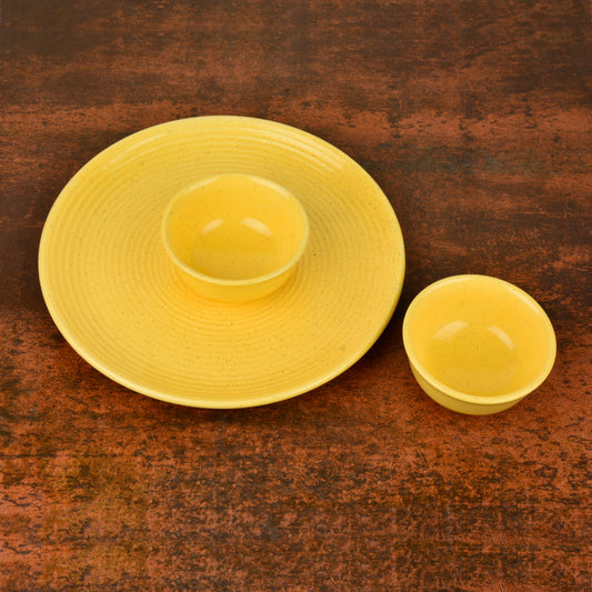 "Golden Glow Collection" Premium Ribbed Ceramic Dinner Serving Plate with 2 Dinner Bowls (Set of 3, Yellow , Plate Diameter – 10 inches)
