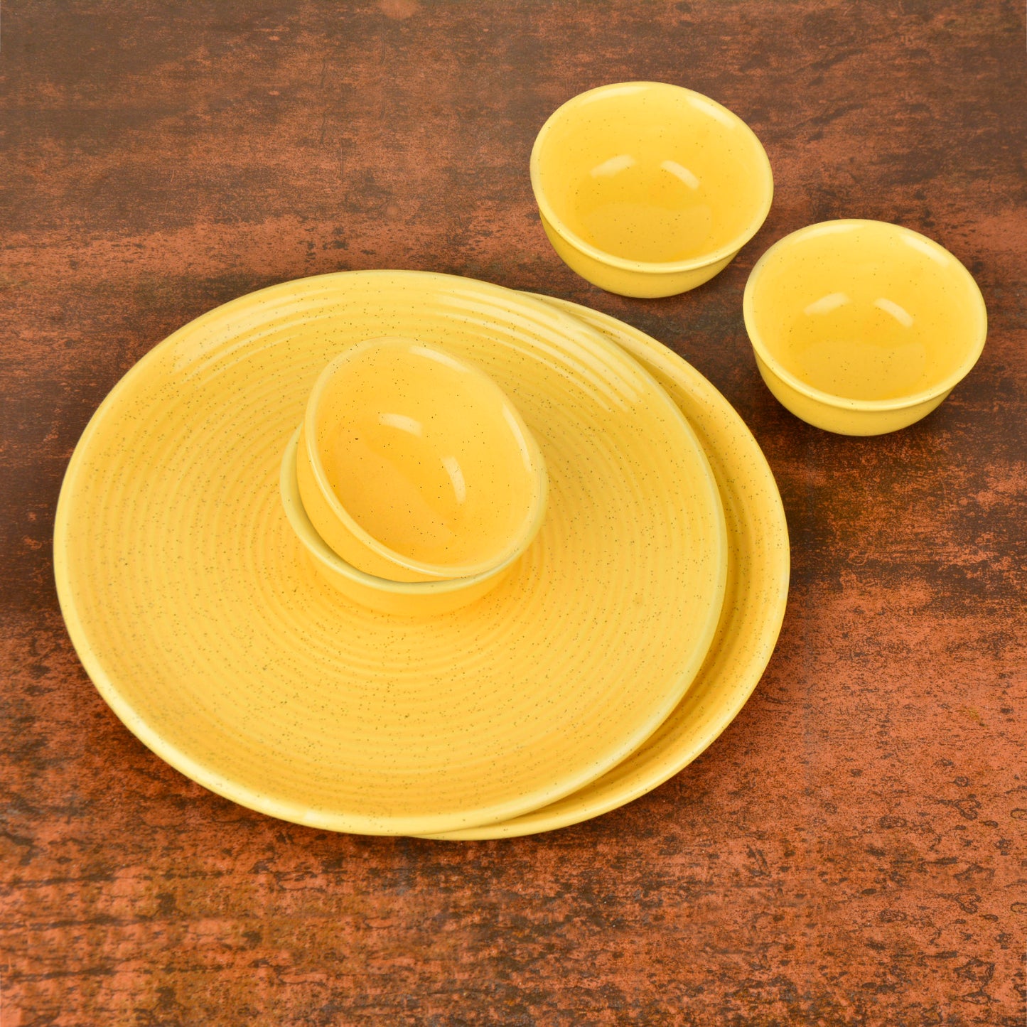 "Golden Glow Collection" Premium Ribbed Ceramic 2 Dinner Serving Plate with 4 Dinner Bowls (Set of 6, Yellow , Plate Diameter – 10 inches)
