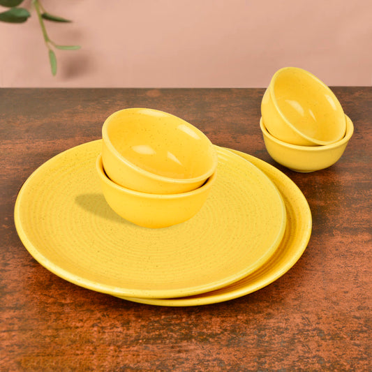 "Golden Glow Collection" Premium Ribbed Ceramic 2 Dinner Serving Plate with 4 Dinner Bowls (Set of 6, Yellow , Plate Diameter – 10 inches)