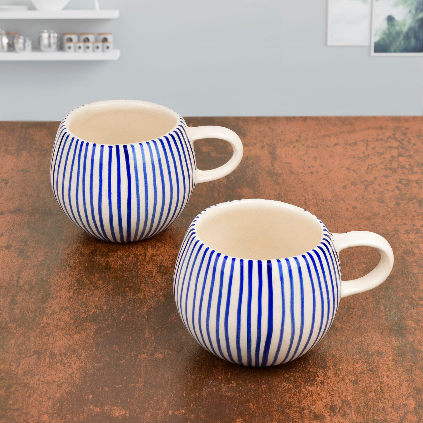 Handmade Ceramic Jumbo Coffee Mugs (400 ml, Blue, Set of 2)