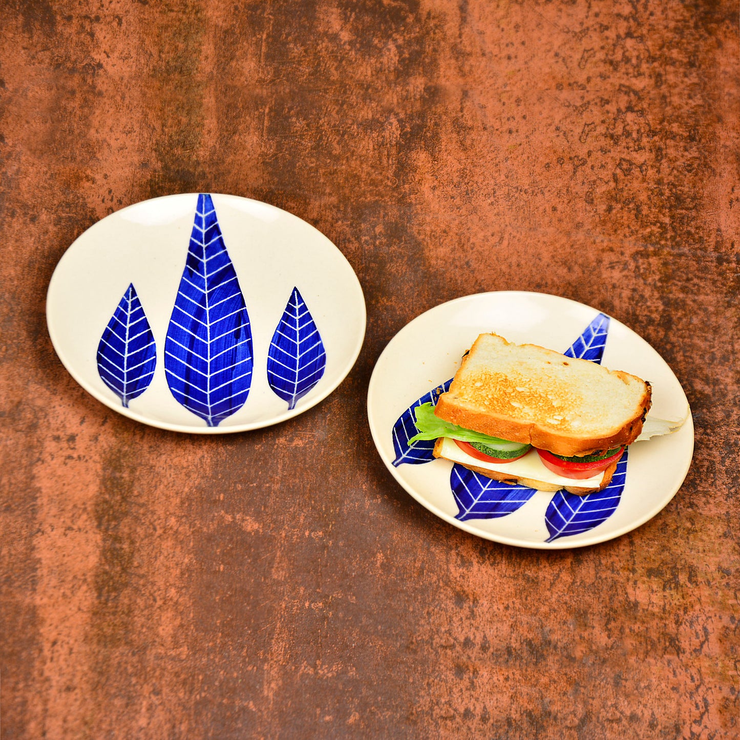 Hand Painted Ceramic Blue Leaf Quarter Plates (7 inches, Set of 2)