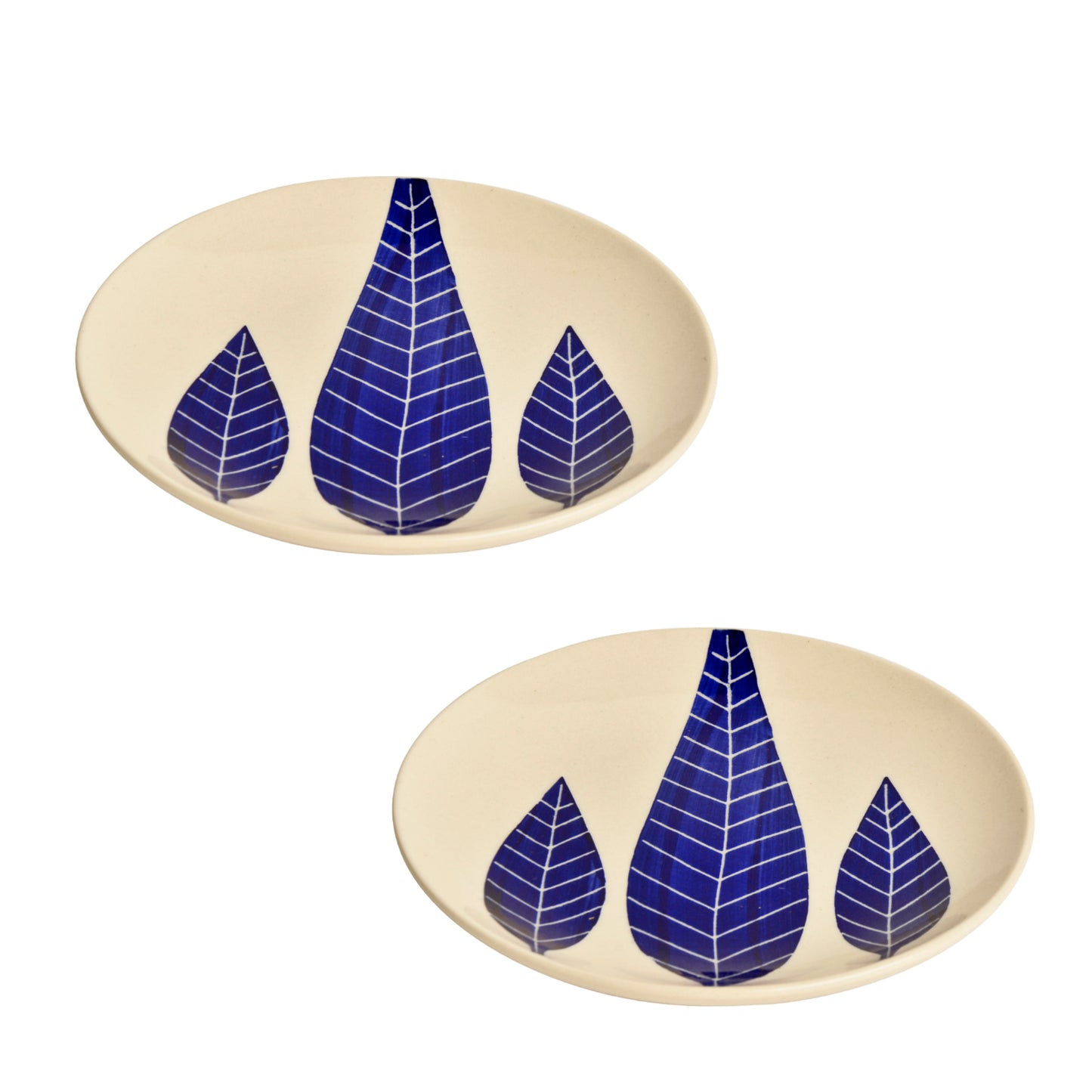 Hand Painted Ceramic Blue Leaf Quarter Plates (7 inches, Set of 2)